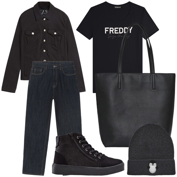 Outfit donna - Sporty black. Stile Casual per Tutti i giorni. Abbinamento con sneakers alte, blazer, borse tote, berretti, t-shirt, jeans dritti.