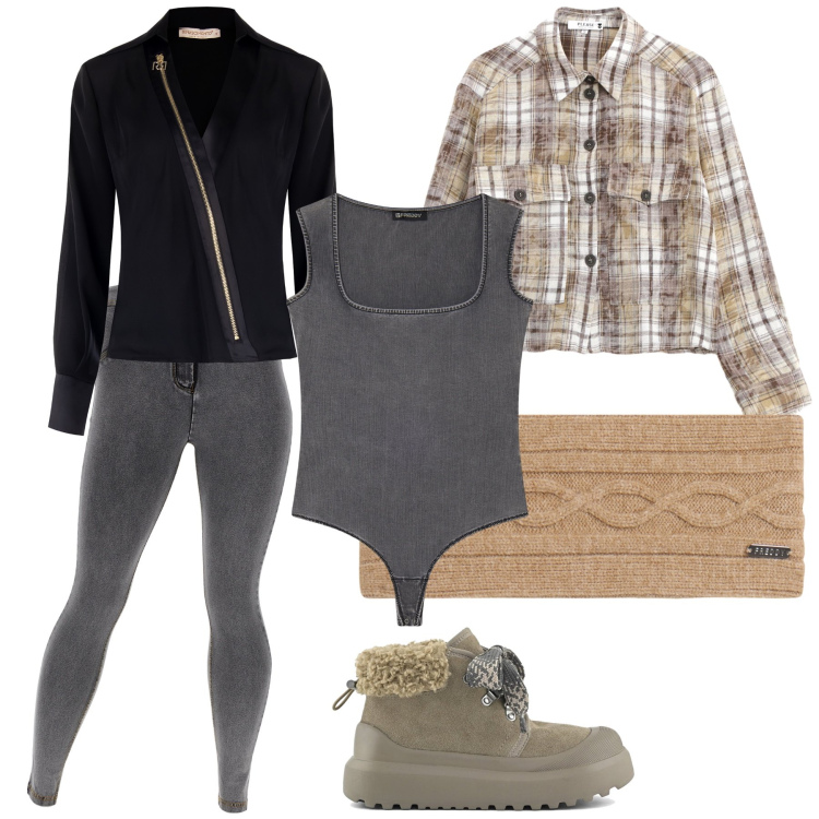 Outfit donna - Al calduccio. Stile Trendy per Tutti i giorni. Abbinamento con bluse, camicie, jeggings, body, accessori per capelli, stivali.