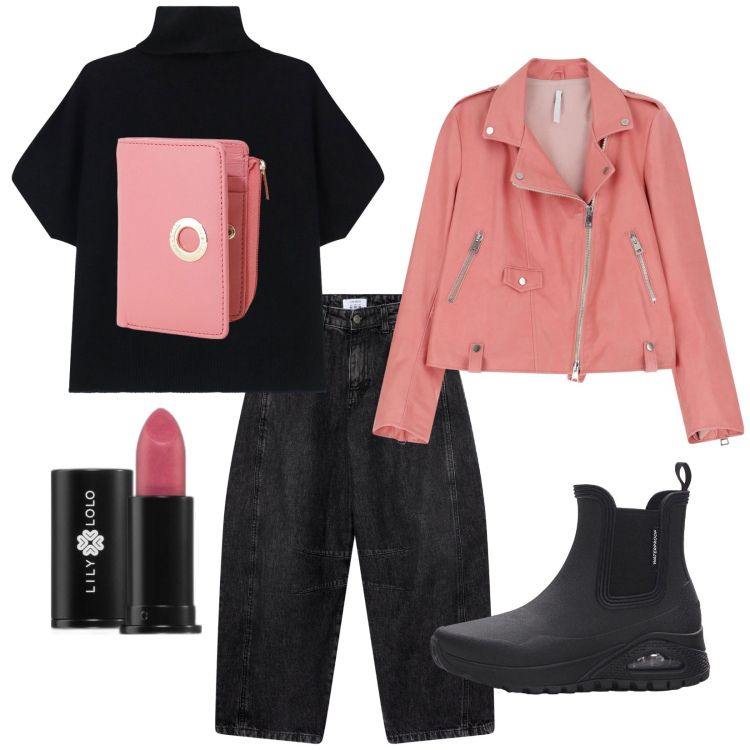 Outfit donna - Buongiorno. Stile Trendy per Tutti i giorni. Abbinamento con stivali di gomma, rossetti, jeans, maglieria, giacche, portafogli.