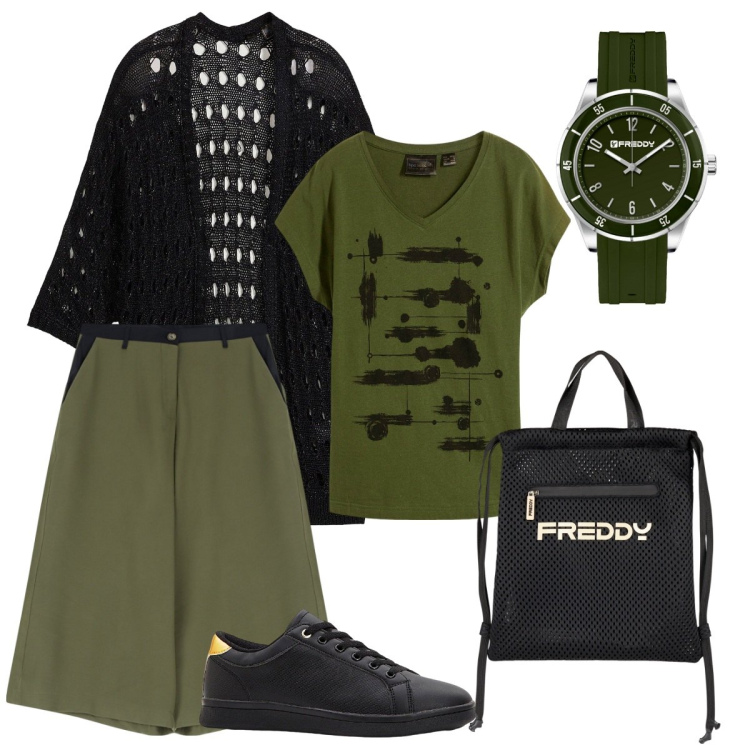Outfit donna - Casual Urban. Stile Casual per Ufficio. Abbinamento con sneakers, cardigans, t-shirt, pantaloni, orologi, zaini.
