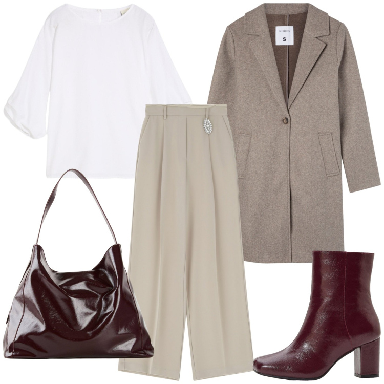 Outfit donna - Total look #2253000. Stile Minimal per Ufficio. Abbinamento con bluse, shopping bag, stivaletti, cappotti, pantaloni.