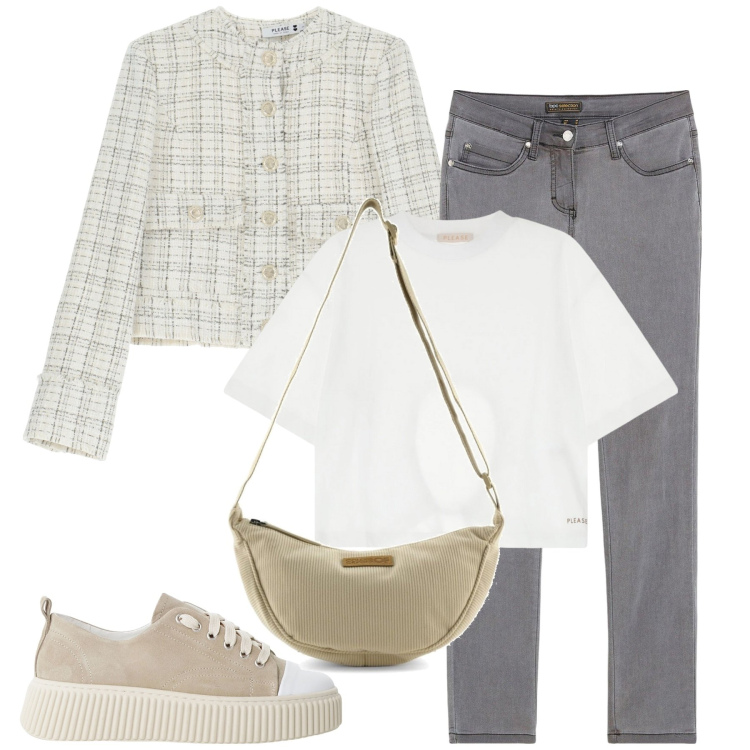Outfit donna - Brezza... autunnale. Stile Casual chic per Tutti i giorni. Abbinamento con jeans slim fit, blazer, t-shirt, sneakers, borse a tracolla.