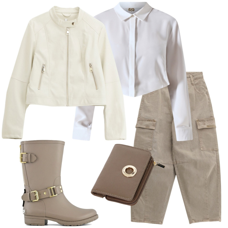 Outfit donna - Passeggiata con le amiche. Stile Urban per Tutti i giorni. Abbinamento con pantaloni chino, camicie, giacche, portafogli, stivali.