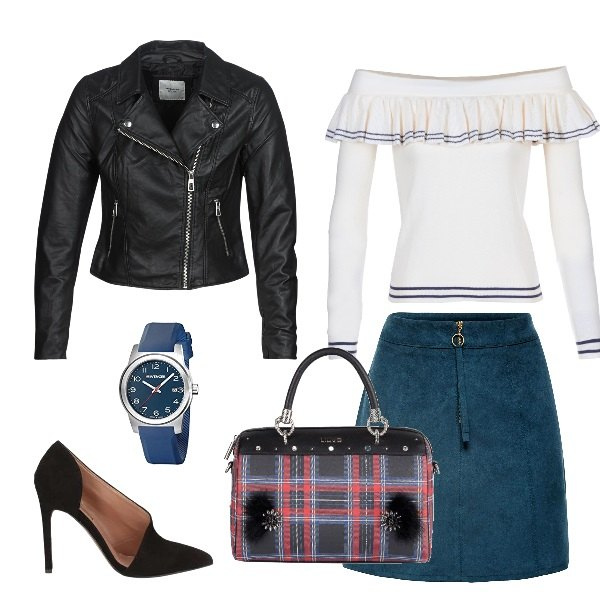 Outfit donna - Total look #225301. Abbinamento con maglione bianco, giacca nero, décolleté effetto scamosciato, gonna blu, borsa a tracolla con stampa e zip in pelle sintetica, orologio analogico con cinturino e fasce blu.
