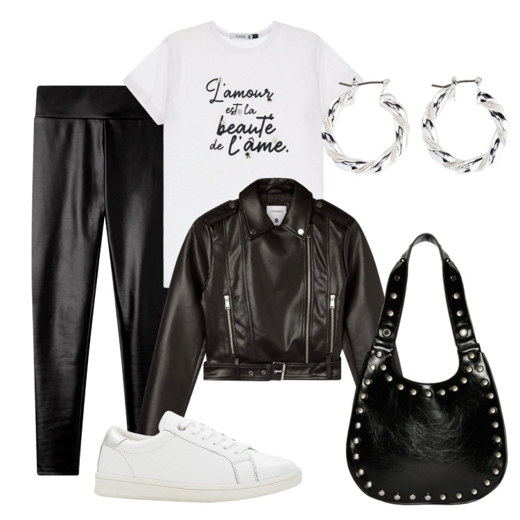 Outfit donna - Nero & Argento Mood. Stile Casual per Serata fuori. Abbinamento con sneakers, orecchini, leggings, giacche, t-shirt, borse a spalla.