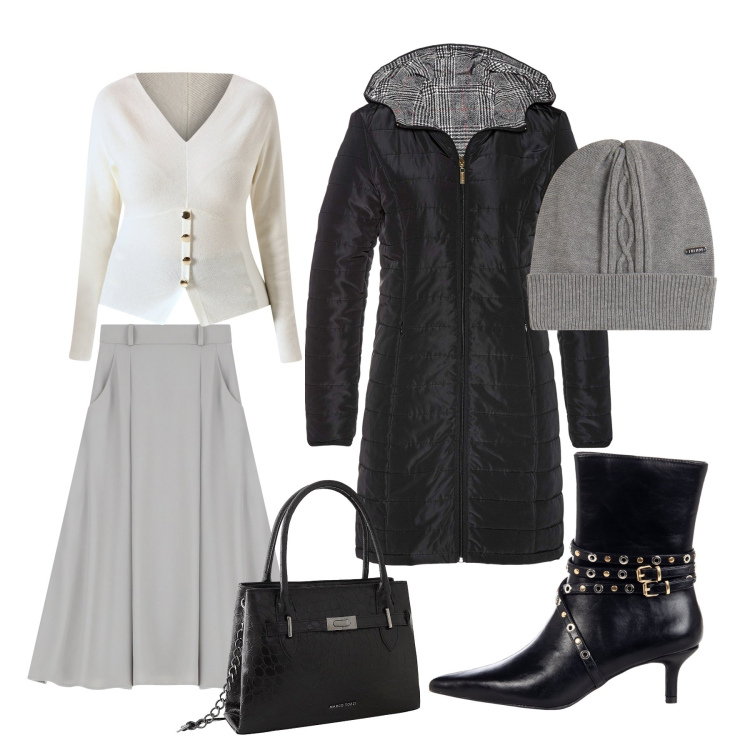 Outfit donna - Total look #2253018. Stile Minimal per Ufficio. Abbinamento con blazer, borse a mano, maglieria, stivaletti, gonne lunghe, cappelli.