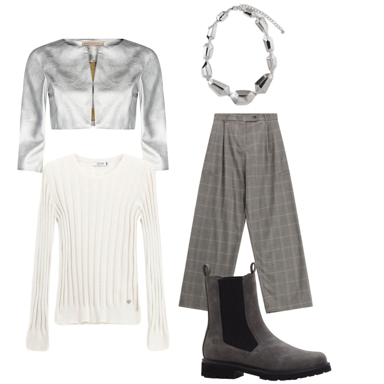 Outfit donna - Pantaloni a quadri bolero in ecopelle. Stile Casual per Tutti i giorni. Abbinamento con stivaletti chelsea, bolero, pullovers, pantaloni a palazzo, ciondoli.
