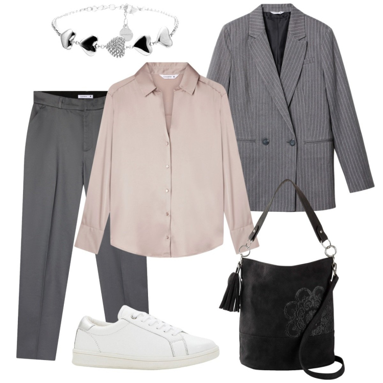 Outfit donna - Grigio morbido, stile deciso. Stile Minimal per Ufficio. Abbinamento con sneakers, borse a mano, camicie, pantaloni chino, blazer, braccialetti.