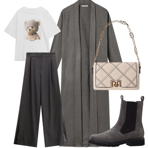 Outfit donna - outfit minimal grigio. Stile Casual per Tutti i giorni. Abbinamento con stivaletti chelsea, cardigans, borse a tracolla, t-shirt, pantaloni.