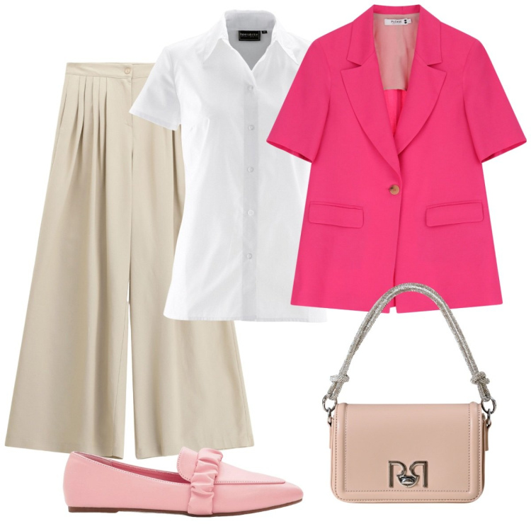 Outfit donna - Colori soft, carattere forte. Stile Casual chic per Ufficio. Abbinamento con camicie a manica corta, mocassini, blazer, pantaloni a palazzo, borse a mano.