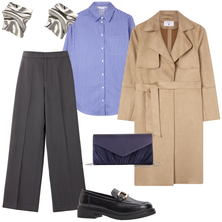 Outfit donna - Aperitivo. per Serata fuori. Abbinamento con pochette, mocassini, camicie, trench, pantaloni, orecchini.