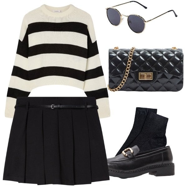 Outfit donna - autunno. Stile Casual per Tutti i giorni. Abbinamento con occhiali da sole, mocassini, borse a tracolla, minigonne, maglieria, collant.