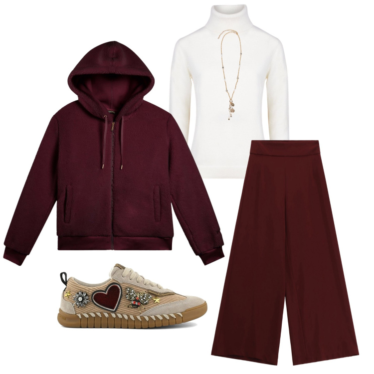 Outfit donna - Free spirit. Stile Casual chic per Tutti i giorni. Abbinamento con pantaloni a palazzo, bomber, maglieria, sneakers, ciondoli.