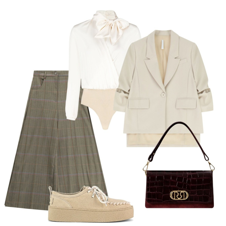 Outfit donna - Equilibrio Soft con un Tocco Rosso. Stile Romantica per Tutti i giorni. Abbinamento con body, borse a mano, pantaloni a palazzo, blazer, mocassini.
