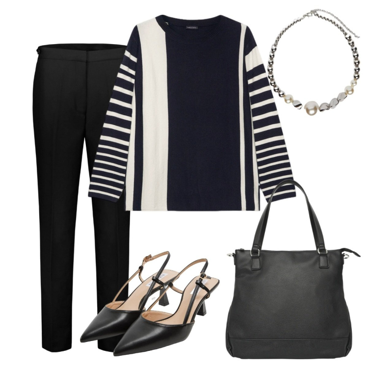 Outfit donna - Rigato e raffinato. Stile Basic per Serata fuori. Abbinamento con sabot, shopping bag, pantaloni, collane, maglieria.
