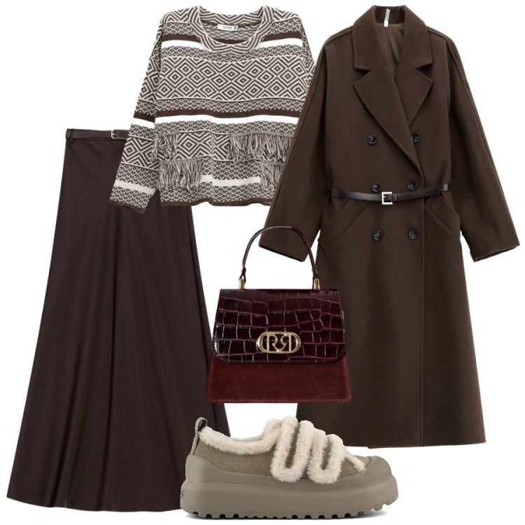 Outfit donna - Ottobre a caldo. Stile Trendy per Tutti i giorni. Abbinamento con maglieria, borse a mano, gonne lunghe, cappotti, sneakers.