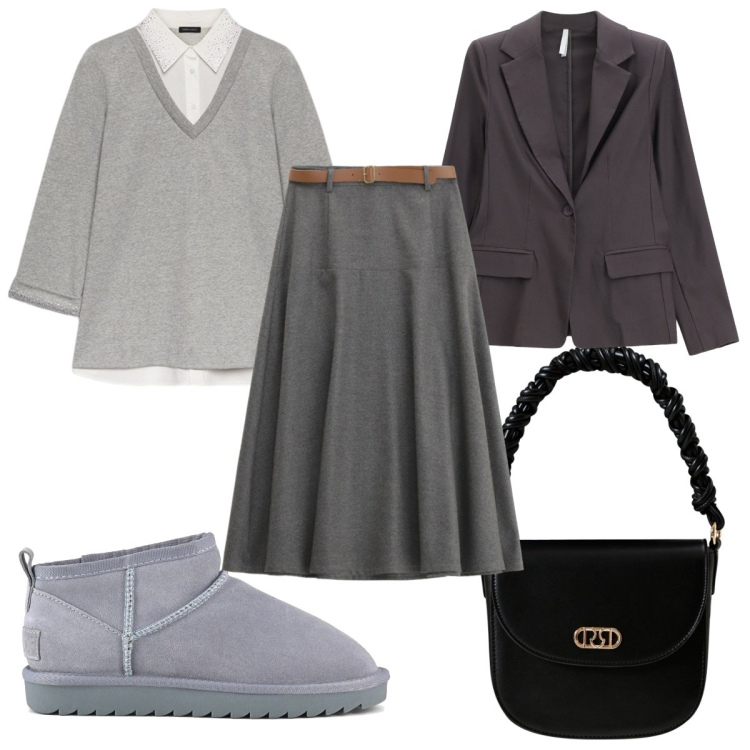 Outfit donna - Il ritorno dei grigio: trendy. Stile Trendy per Tutti i giorni. Abbinamento con borse a mano, gonne lunghe, blazer, felpe, stivali.
