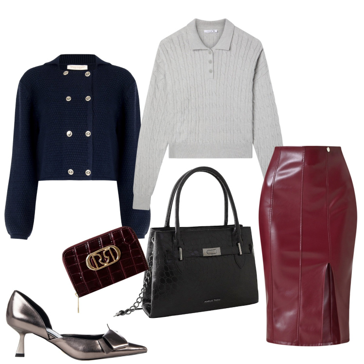 Outfit donna - Autunno. Stile Casual per Ufficio. Abbinamento con borse a mano, t-shirt, gonne longuette, décolleté, portafogli, blazer.