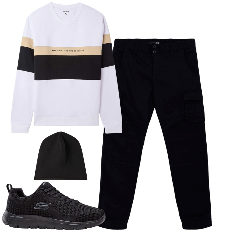 Outfit uomo - Settembre. Stile Casual per Tutti i giorni. Abbinamento con sneakers, felpe con cappuccio, pantaloni cargo, berretti.