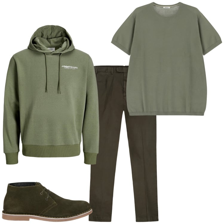 Outfit uomo - Tonalità di verde. Stile Urban per Tutti i giorni. Abbinamento con felpe con cappuccio, t-shirt, pantaloni, stivali e stivaletti.