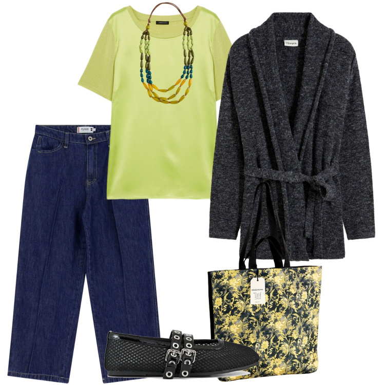 Outfit donna - Passeggiata fine settembre. Stile Casual chic per Tutti i giorni. Abbinamento con cardigans, borse tote, jeans, t-shirt, ballerine, collane.
