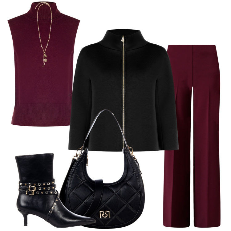Outfit donna - Rinascimento. Stile Casual chic per Serata fuori. Abbinamento con pantaloni a palazzo, top, borse a tracolla, stivaletti, cappe, ciondoli.