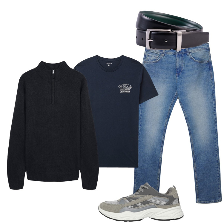 Outfit uomo - Giornata casual con Terranova. Stile Casual per Tutti i giorni. Abbinamento con t-shirt, sneakers, jeans dritti, maglieria, cinture.