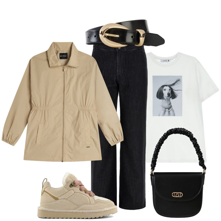 Outfit donna - In città. Stile Casual chic per Tutti i giorni. Abbinamento con cinture, borse a mano, t-shirt, jeans, parka, sneakers alte.