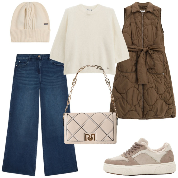 Outfit donna - Giorno libero. Stile Casual per Tutti i giorni. Abbinamento con sneakers, blazer, pullovers, borse a tracolla, berretti, jeans.