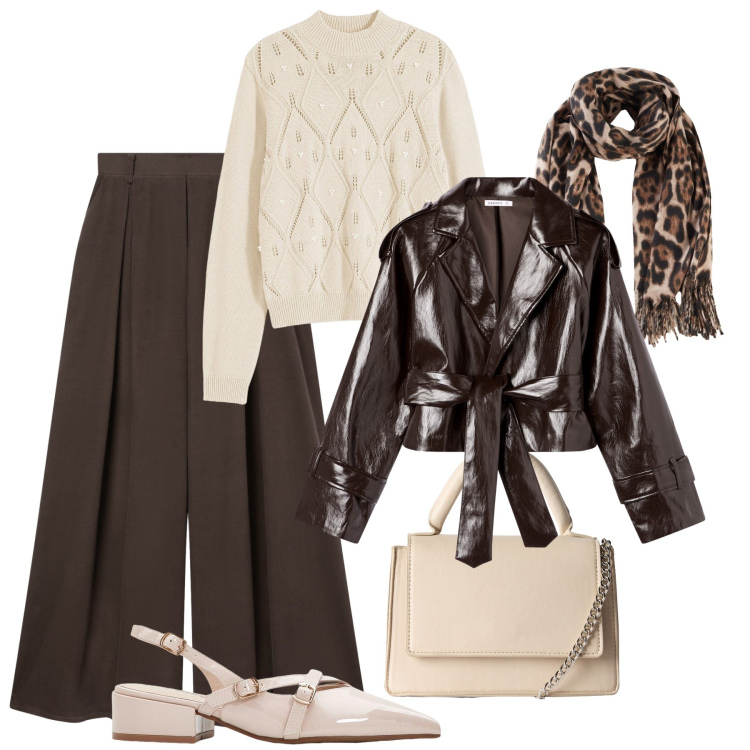 Outfit donna - Pantagonna in ufficio. Stile Casual chic per Ufficio. Abbinamento con maglieria, foulard, décolleté, borse a tracolla, giacche, pantaloni.