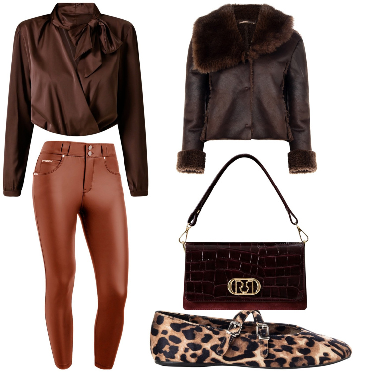 Outfit donna - Marrone in città. Stile Casual chic per Tutti i giorni. Abbinamento con ballerine, giacche, body, borse a mano, pantaloni skinny.