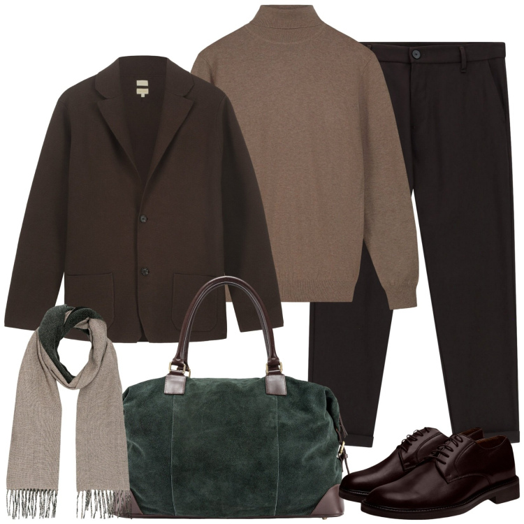 Outfit uomo - Viaggio di lavoro. Stile Casual per Tutti i giorni. Abbinamento con pantaloni, borse sportive, maglieria, giacche, scarpe stringate, sciarpe.