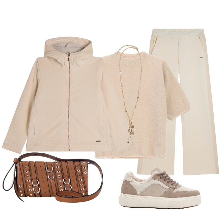 Outfit donna - In libertà dopo il lavoro. Stile Sporty chic per Serata fuori. Abbinamento con sneakers, borse a spalla, maglieria, blazer, pantaloni, ciondoli.