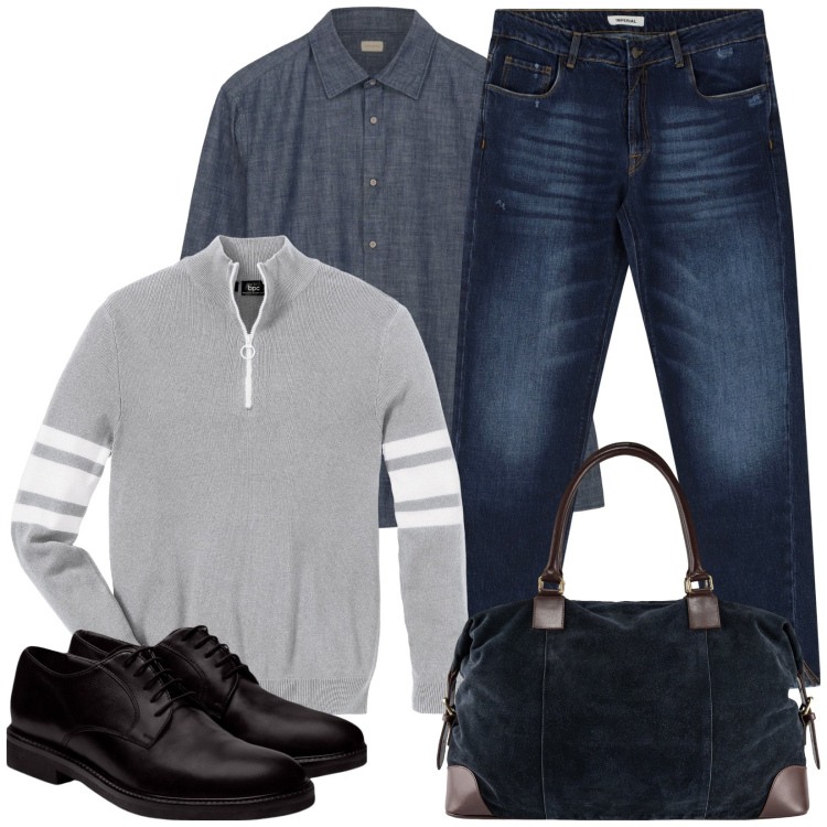 Outfit uomo - Total look #2253334. Stile Casual per Ufficio. Abbinamento con t-shirt sportive, jeans dritti, scarpe stringate, borse sportive, camicie.
