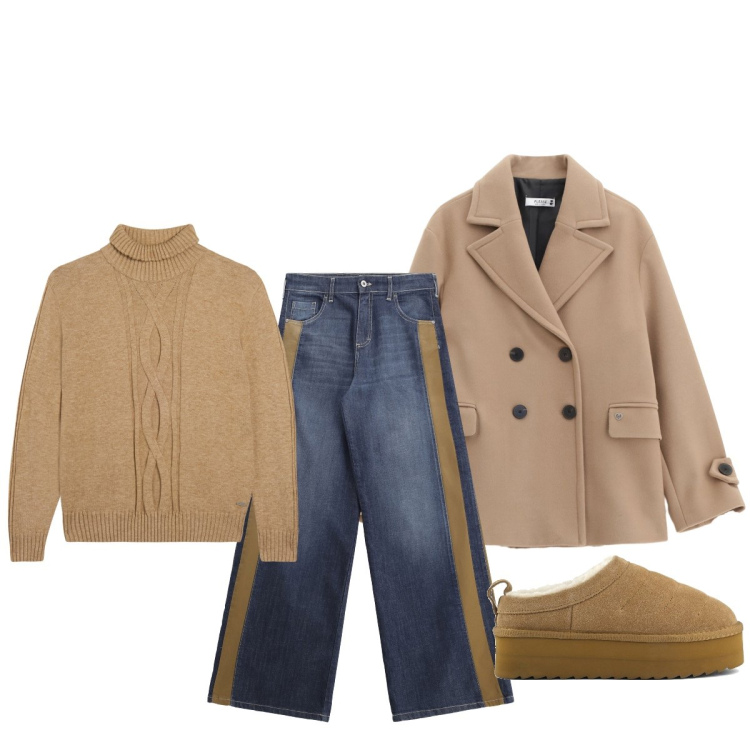 Outfit donna - In città. Stile Minimal per Tutti i giorni. Abbinamento con jeans a zampa, cappotti, maglieria, sabot.