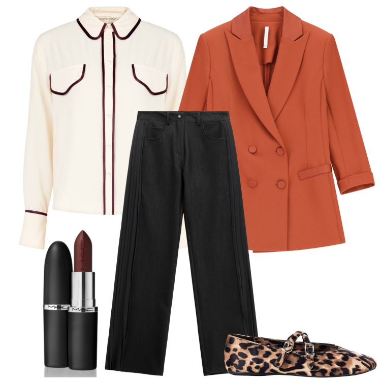 Outfit donna - Il blazer color Zucca per l\'autunno. Stile Trendy per Tutti i giorni. Abbinamento con rossetti, ballerine, camicie, blazer, jeans.