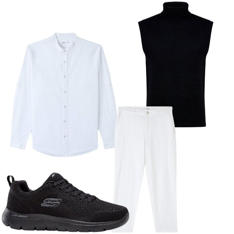 Outfit uomo - Bianco e nero. Stile Casual per Tutti i giorni. Abbinamento con sneakers, camicie, pantaloni, gilet.