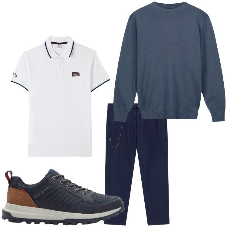 Outfit uomo - Bianco e blu. Stile Casual per Tutti i giorni. Abbinamento con sneakers, polo, pantaloni, maglieria.