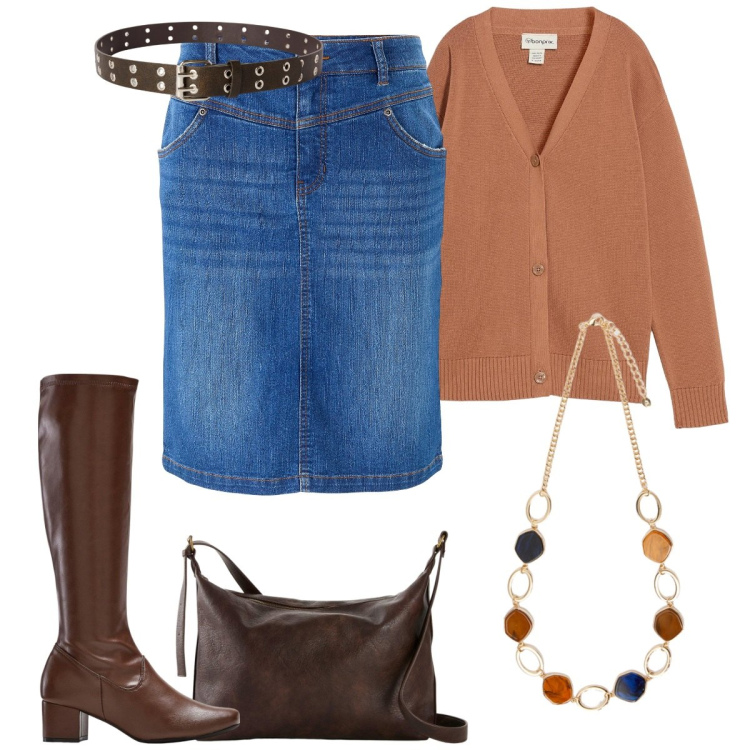 Outfit donna - Denim & Caramello. Stile Casual per Tutti i giorni. Abbinamento con gonne, stivali, cardigans, borse a tracolla, cinture, collane.