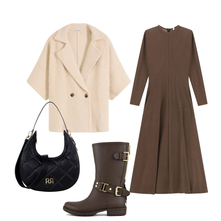 Outfit donna - In ufficio. Stile Minimal per Ufficio. Abbinamento con cardigans, borse a tracolla, vestiti lunghi, stivali.