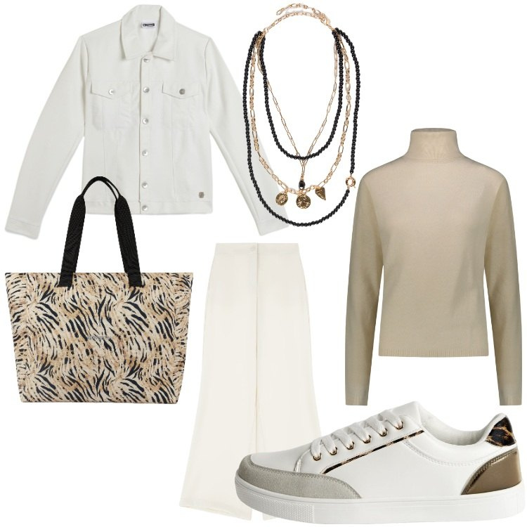 Outfit donna - Colori tenui. Stile Chic per Ufficio. Abbinamento con sneakers, pantaloni, giacche, shopping bag, pullovers, collane.