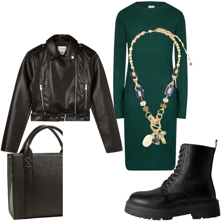 Outfit donna - Casual rock. Stile Rock per Tutti i giorni. Abbinamento con anfibi, giacche, borse tote, vestiti midi/longuette, collane.