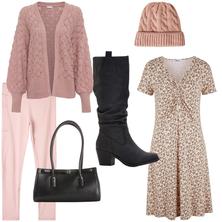 Outfit donna - In autunno in città-07. Stile Romantica per Tutti i giorni. Abbinamento con vestiti midi/longuette, stivali, cardigans, borse a mano, leggings, berretti.