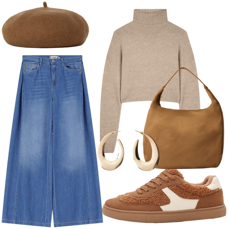 Outfit donna - Freddo in arrivo. Stile Casual per Tutti i giorni. Abbinamento con orecchini, sneakers, borse a mano, maglieria, jeans, cappelli e berretti.
