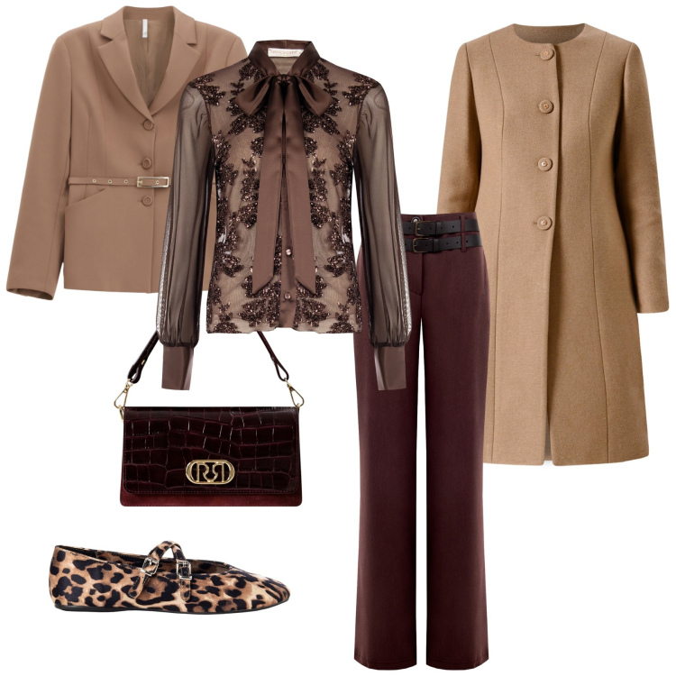 Outfit donna - Un momento importante. Stile Chic per Serata fuori. Abbinamento con ballerine, pantaloni, cappotti, borse a mano, camicie, blazer.