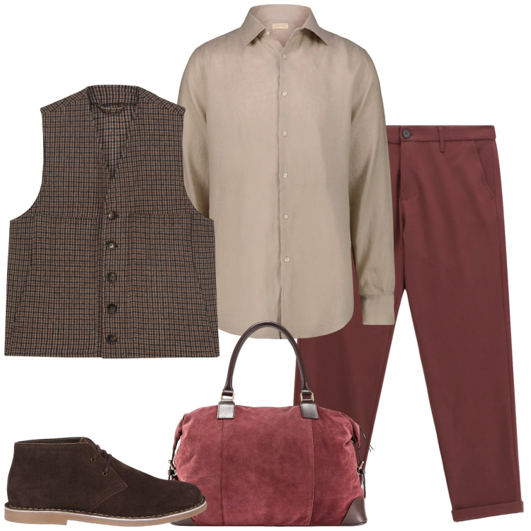 Outfit uomo - Una giornata autunnale. Stile Trendy per Serata speciale. Abbinamento con pantaloni, camicie, stivali e stivaletti, gilet, borse sportive.