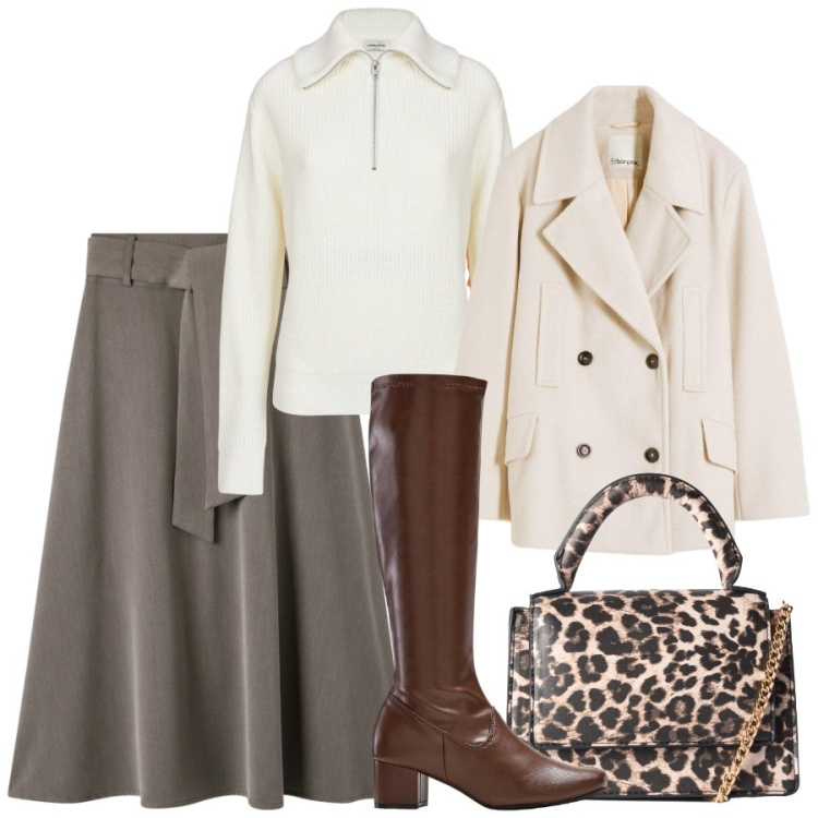 Outfit donna - Total look #2253372. Stile Trendy per Ufficio. Abbinamento con caban, stivali, borse a tracolla, gonne lunghe, maglieria.