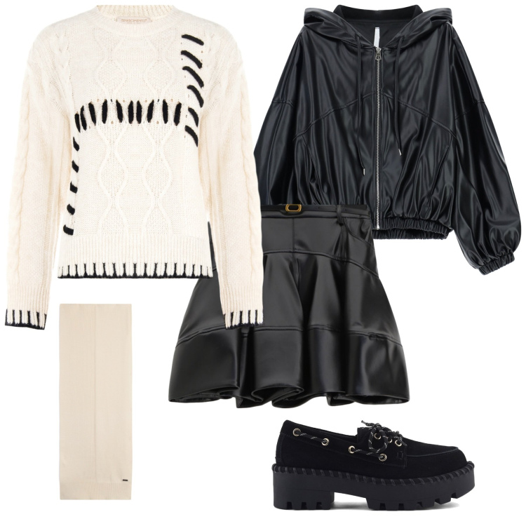 Outfit donna - Bianco e nero. Stile Rock per Tutti i giorni. Abbinamento con maglieria, minigonne, bomber, sciarpe, mocassini.