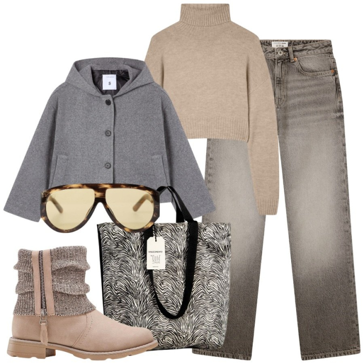 Outfit donna - Total look #2253374. Stile Casual chic per Tutti i giorni. Abbinamento con stivaletti, maglieria, jeans dritti, caban, borse tote, occhiali da sole.
