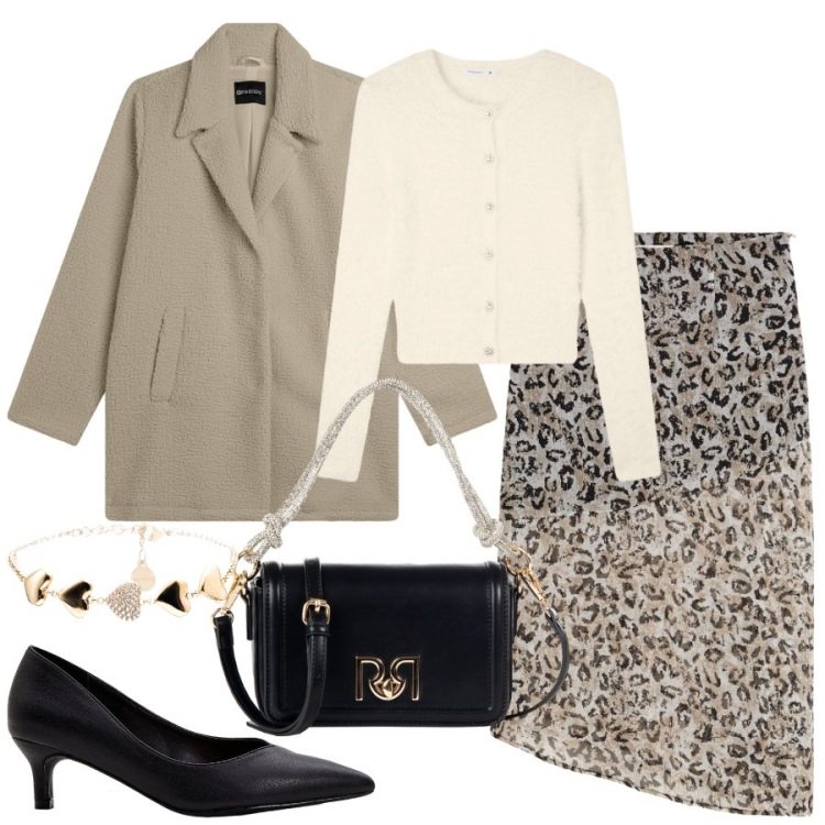 Outfit donna - Ufficio autunno. Stile Chic per Ufficio. Abbinamento con décolleté, gonne longuette, cardigans, borse a mano, cappotti, braccialetti.
